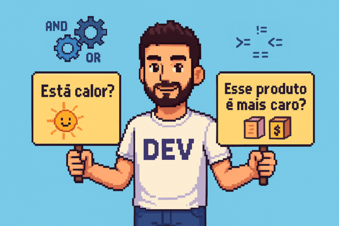 Desenvolvedor segurando duas placas indicando comparações. Na mão direita a placa diz 'Está calor?', na mão esquerda a placa diz 'Esse produto é mais caro?'