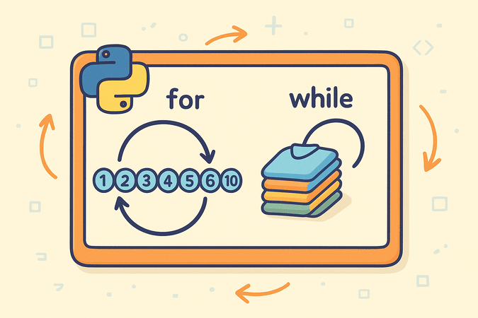 Na imagem temos um quadro com borda de madeira. Dentro do quadro temos uma lista de números com o símbolo de repetição e a palavra "for" em volta. Ao lado temos uma pilha de roupas e a palavra "while". O ícone do python está na parte superior esquerda do quadro.