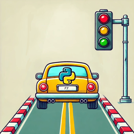 Carro em uma estrada com o ícone do python em sua traseira. Na frente do carro temos um semáforo.