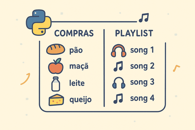Quadro na parede onde possuímos o exemplo de duas listas, uma na esquerda e outra na direita. Na lista da esquerda temos um exemplo de lista de compras, onde temos: pão, maçã, leite e queijo. Na lista da direita temos um exemplo de playlist, com os valores: song 1, song 2, song 3 e song 4.