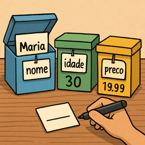 3 caixas em cima de uma mesa de madeira. Na primeira da esquerda pra direita temos uma caixa azul com uma tag escrita nome e com o valor Maria dentro da caixa. Na segunda temos uma caixa verde com o nome idade, guardando o valor 30. Na terceira e última temos uma caixa amarela com o nome preco, guardando o valor 19.99.