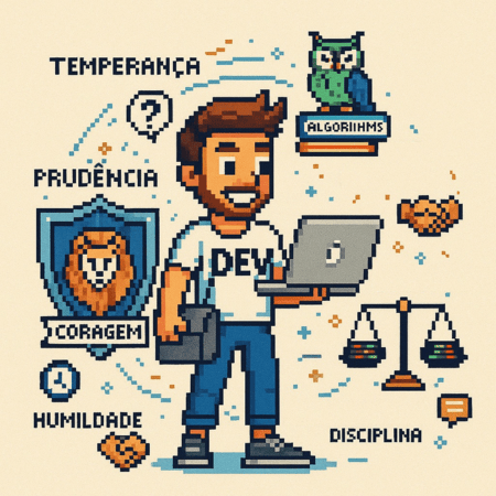 Dev com várias virtudes ao seu redor, sendo elas: temperança, prudência, coragem, humildade e disciplina.