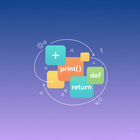Caixa de funções. Caixa verde na parte superior esquerda com sinal de "+", caixa laranja no centro com a palavra "print", caixa verde claro no lado direito com a palavra "def", caixa verde no canto inferior direito com a palavra "return".