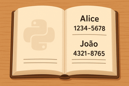 Lista telefônica aberta. Na página da esquerda vemos o ícone do python. Na página da direita vemos dois contatos como exemplo, Alice com número 1234-5678 e João com número 4321-8765.