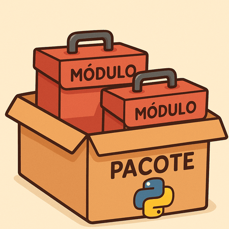 Uma caixa de papelão com o ícone do python e a palavra 'pacote' escrita na frente. Dentro da caixa de papelão temos duas caixas de ferramentas, nelas está escrito a palavra 'Módulo'.