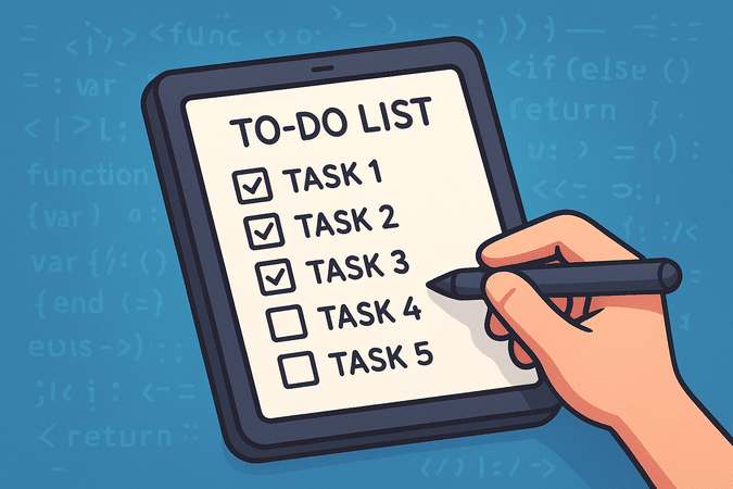 Mini lousa branca com uma mão escrevendo tarefas com uma caneta. No fundo azul temos partes de código python de forma sútil.