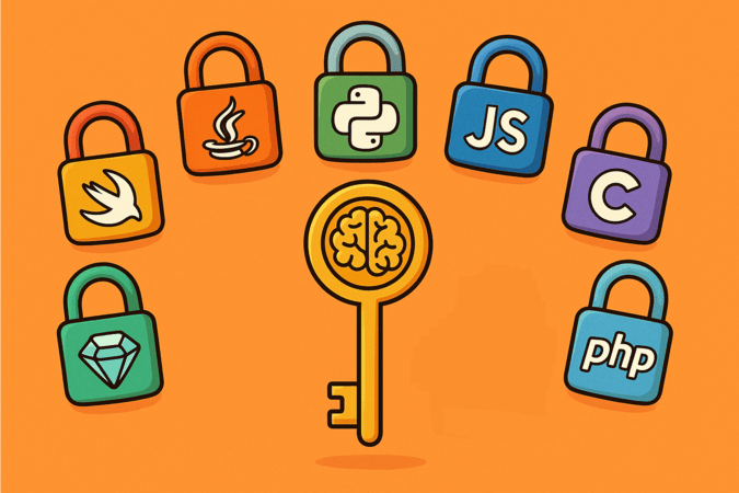 7 cadeados representando linguagens de programação envolta de uma chave mestra que representa a lógica de programação.