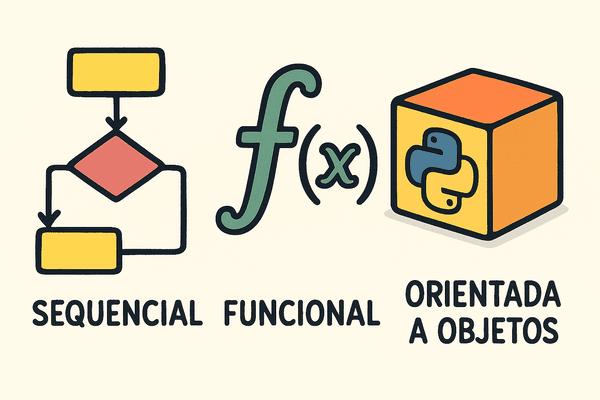Imagem ilustrando três formas de programação. Na esquerda temos um fluxograma representando a programação funcional. No centro temos uma função matemática, representando a programação funcional. Na direita temos um bloco de brinquedo representando a programação orientada a objetos.