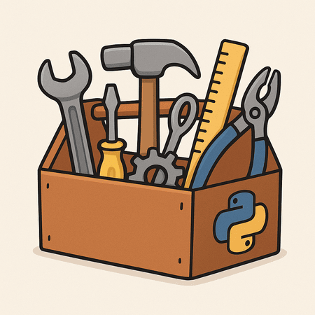 Caixa de ferramentas com várias ferramentas dentro e o ícone de programação do python na lateral direita da caixa.