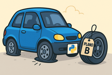 Um carro azul onde como placa temos o ícone de progração do python. O pneu frontal da direita do carro está furado. Na frente do carro temos o pneu step com uma tag dizendo 'Plano B'.