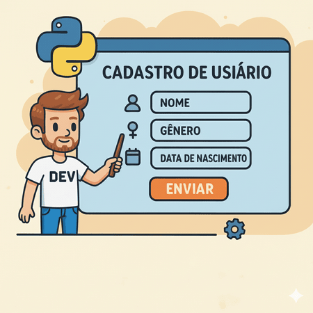 Professor do dev explica apontando para uma interface cotendo um formulário que pede o cadastro de um nome, gênero e data de nascimento.
