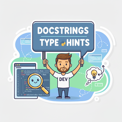 Professor do dev explica segurando um cartaz escrito 'Docstrings type hints', no meio do cartaz também temos o ícone de programação do python.