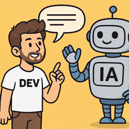 Na imagem temos o professor do Dev Explica no lado esquerdo conversando com um Robô que representa uma LLM que está do lado direito da imagem.