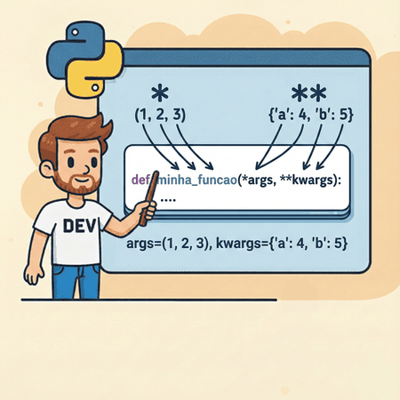 Professor do dev explica apontando para um quadro onde temos a explicação de como os *args e **kwargs são definidos e utilizados dentro de funções no python. No lado superior direito do quadro temos o ícone de programação do python.