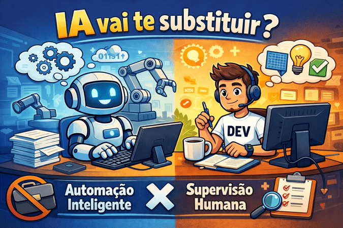 Imagem ilustrativa com a frase "IA vai te substituir?". No lado esquerdo da imagem temos um robô realizando tarefas repetitivas com um sorriso no rosto. No lado direito temos o professor do dev explica supervisionando as tarefas do robô enquanto se preocupa com as regras de negócios da empresa.