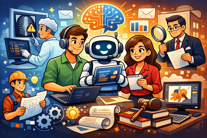 Imagem ilustrando como a IA está mudando profissões. No centro da imagem temos um robô representando a IA, ajudando um profissional de marketing, um médico, um engenheiro e um advogado.