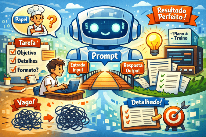 Imagem representando o funcionamento de um prompt. Do lado esquerdo temos o professor dev enviando um prompt bem descritivo para uma IA representado por um robô no centro da imagem. Do lado direito temos o resultado das tarefas realizadas pela IA.