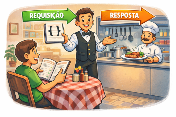 Ilustração de como uma api funciona fazendo uma analogia com um restaurante. No lado esquerdo da imagem temos um cliente fazendo um pedido (requisição), no centro temos um garçom fazendo o papel da API, levando o pedido para o servidor (cozinheiro) que devolve para o cliente o prato pronto (resposta).