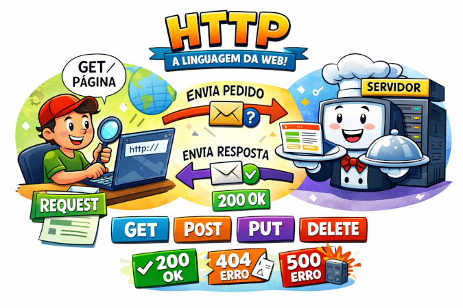 Imagem ilustrativa representando o que é o HTTP. Do lado esquerdo temos um usuário fazendo um pedido (requisição) de um site usando o verbo (método) GET. Do lado direito temos o servidor que recebe o pedido e devolve para o usuário o resultado (resposta) do pedido que foi feito.