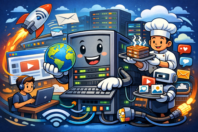 Imagem ilustrando o que é um servidor. Do lado esquerdo da imagem temos uma pessoa fazendo um pedido para ver um site, o servidor está no central da imagem, ele processa o pedido e devolve o site para a pessoa. Do lado direito da imagem temos a figura de um cozinheiro que representa a analogia do post que associa um servidor a uma cozinha que nunca fecha.