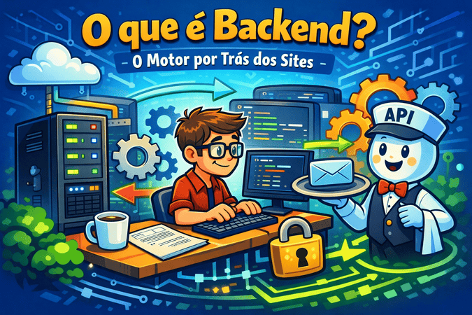 Imagem ilustrando como o backend funciona. No lado direito da imagem temos um garçom (API) entregando o pedido para um programador que escreve a lógica presente no backend que será executada no servidor para atender ao pedido do cliente.