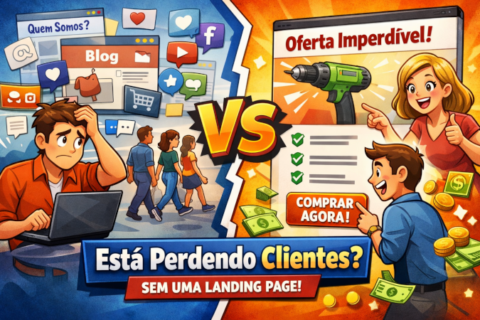 Imagem ilustrativa mostrando como empresas perdem clientes por não ter uma landing page. No lado esquerdo da imagem temos uma pessos acessando o site da empresa, porém confusa por não saber onde está o serviço de que precisa. No lado direito temos uma pessoa comprando um produto pois acessou uma landing page com foco em vender apenas esse produto, sem distrações.