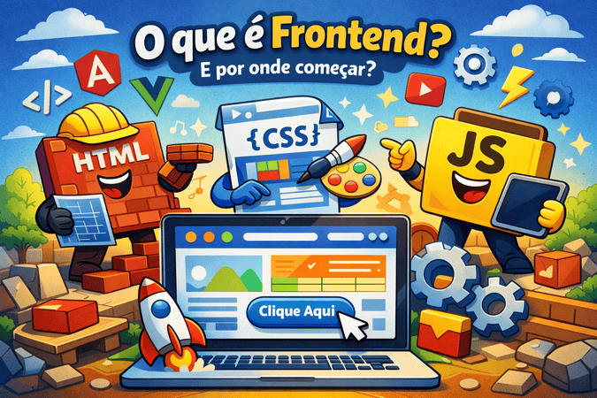Ilustração sobre como funciona o frontend. No lado esquerdo da imagem temos o HTML representado por uma parede de tijolos de uma caso. No centro temos o CSS como uma paleta de cores que irá dar estilo para a casa. No lado direito temos o Javascript como tecnologia que dará inteligência para a casa.