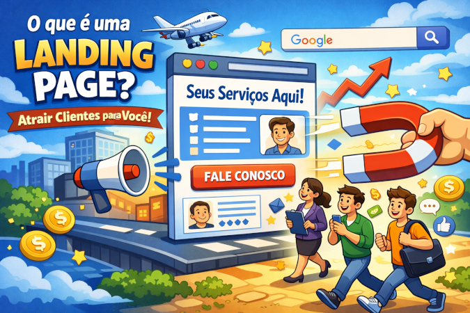 Ilustração do que é uma landing page, para que serve e onde é encontrada. Na imagem vemos um site em destaque apresentando o trabalho de uma pesoal, olhando esse site tempos pessoas que pesquisaram no google e estão interessadas no serviço.
