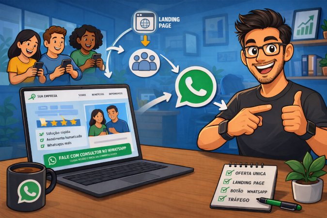 Imagem que ilustra como uma Landing Page pode direcionar clientes para o seu Whatsap. Do lado esquerdo temos um computador com uma landing page aberta, acima desse computador temos pessoas simbolizando clientes que estão enviando mensagens para o whatsap do dono da landing page.