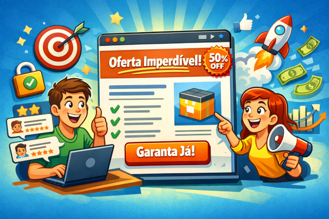 Imagem que ilustra uma landing page que converte. No centro da imagem temos a tela de um computador apresentando um exemplo de landing page. Ela possui um título e botão de ação chamativo, o que vai de acordo com o que apresentamos no artigo.