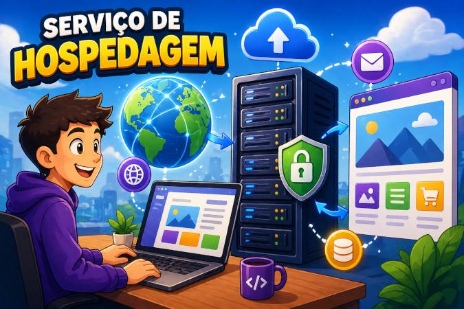 Ilustração sobre como funciona um serviço de hospedagem. No lado esquerdo temos o professor do dev explica acessando um site que está hospedado em um servidor.