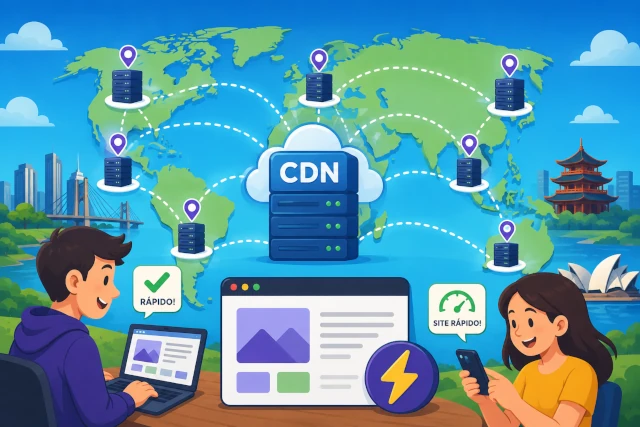 Imagem ilustrativa representando como um serviço de CDN funciona. Na imagem podemo ver vários servidores espalhados pelo planeta terra conectados entre si, fornecendo informações para os usuários que estão mais próximos, fazendo com que os sites carreguem mais rápido.