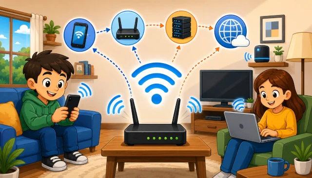 Imagem ilustrando como o wi-fi funciona. Na imagem vemos duas pessoas em uma sala utilizando o celular conectados a internet através do wi-fi que funciona através de ondas como um rádio.