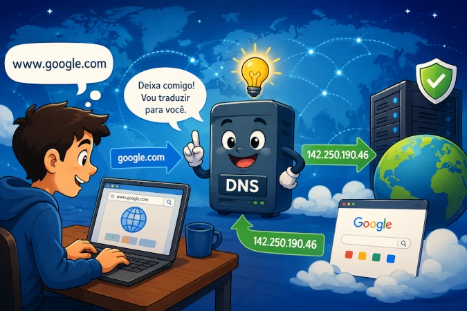 Imagem que ilustra como o DNS funciona. Na esquerda da imagem temos um usuário tentando acessar www.google.com, ao centro da imagem o serviço DNS traduz a url para o IP correspondente ao do google para que o usuário consiga acessar a página desejada.