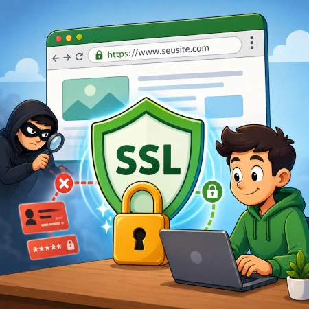 Imagem ilustrando o que é SSL. No centro da imagem temos um cadeado e um escudo com o texto "SSL", mostrando que um site seguro tem esse cadeado ao lado da URL e que o "s" em "https" é o que mostra que o site é seguro.