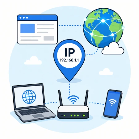Imagem ilustrando como o endereço é importante por ser o endereço digital dos nossos dispositivos. Na imagem temos um ícone de localização com "IP" escrito no centro, em baixo dele temos um roteador que distribui esse IP para um notebook e um celular.
