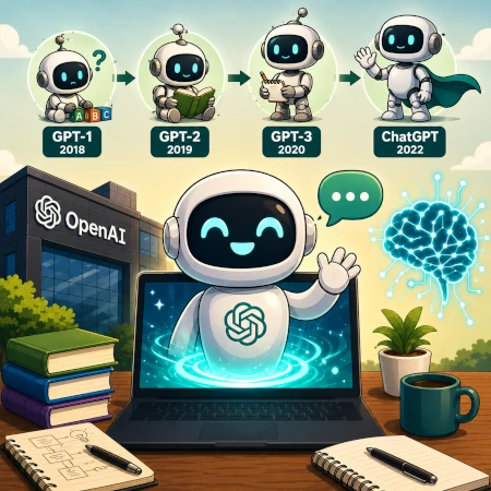 Ilustração de como o ChatGPT surgiu e foi evoluindo. Na parte superior da imagem temos a analogia da evolução dos modelos GPT como se ele fosse um bebê, mostrando desde sua primeira versão GPT até sua liberação como ChatGPT.